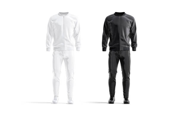 Blank black and white sport tracksuit with bomber, pants mockup Blank black and white sport tracksuit with bomber, pants mockup, 3d rendering. Empty gym outwear for sportsman mock up, front view, isolated. Clear jacket, sweatpants and sneakers template. tracksuit stock pictures, royalty-free photos & images