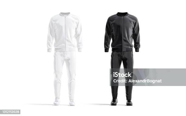 Blank Black And White Sport Tracksuit With Bomber Pants Mockup Stock Photo - Download Image Now