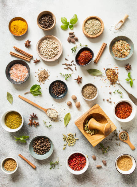 various dry spices in small bowls and raw herbs flat lay on grey background. - cardamom indian culture food spice imagens e fotografias de stock