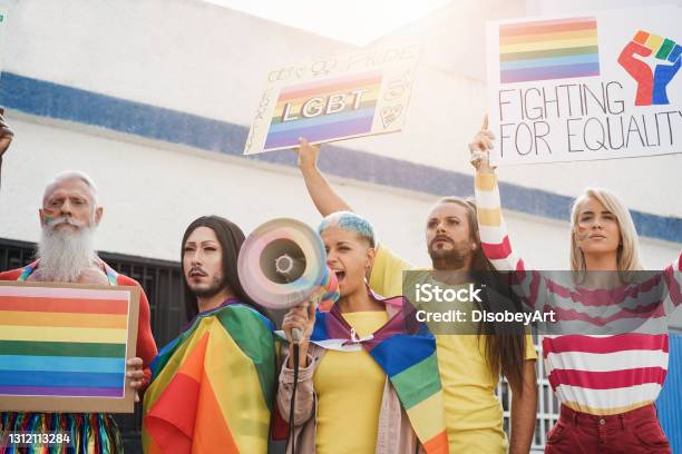Gay And Transgender People Protest At Pride Event Outdoor Main Focus On Drag Queen Face Stock Photo - Download Image Now