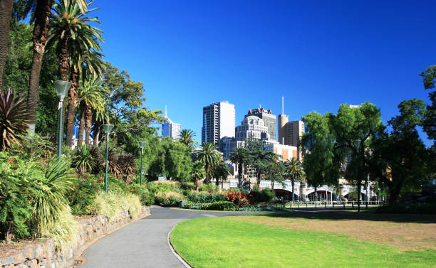 queen victoria park in melbourne, australia - melbourne cityscape clear sky day imagens e fotografias de stock