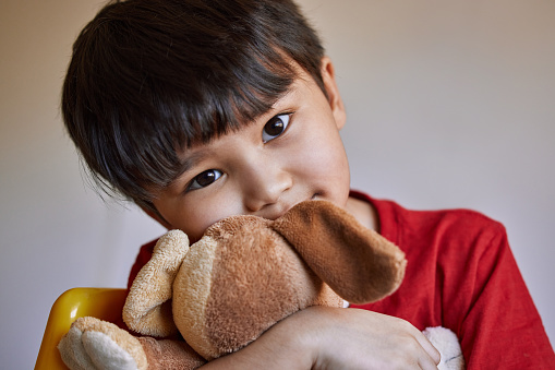 Portrait of an adorable little boy playing with his stuffed toys at home