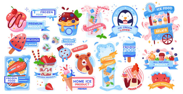 Set frozen food, ice and snow for safety product, cold ice cream, design cartoon style vector illustration, isolated on white. Set frozen food, ice and snow for safety product, cold ice cream, design cartoon style vector illustration, isolated on white. Various summer dessert in waffle cup, collection beautiful stickers. snow cone stock illustrations