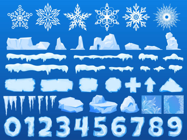 ilustraciones, imágenes clip art, dibujos animados e iconos de stock de trozos de hielo, grandes icebergs, heladas severas y nieve, elementos establecidos para el diseño, hermosos copos de nieve estilo de dibujos animados, ilustración vectorial. - icicle