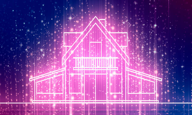 Illustration of home outline icon. Real estate business design concept. . 3D rendering. Neon shine