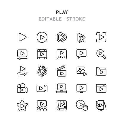 Set of play line vector icons. Editable stroke.
