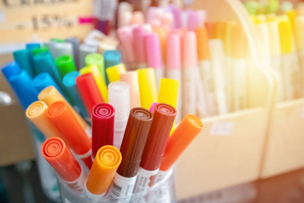 stack of coloured felt-tips at market store. selective focus. education and stationery concept. back to school concept