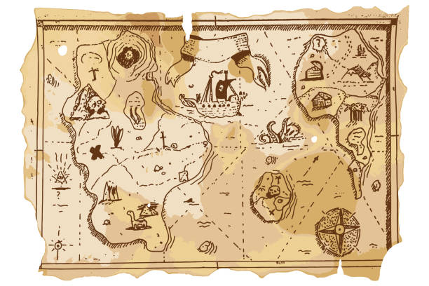 Treasure map vector cartoon hand drawn illustration. Treasure map vector illustration. pirate map stock illustrations
