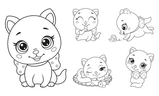 Vector illustration of Little cats set coloring page for kids