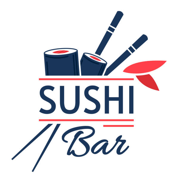 illustrazioni stock, clip art, cartoni animati e icone di tendenza di emblema sushi bar, cibo tradizionale giapponese, ristorante di pesce, isolato su bianco, design, in stile cartone animato illustrazione vettoriale. - sushi