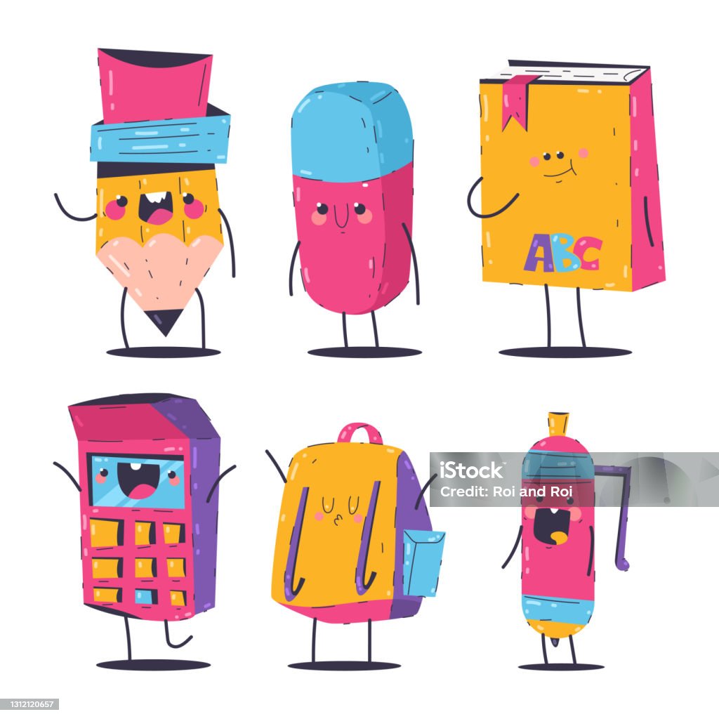 Cute School Supplies Vector Cartoon Education Characters Set Isolated On A  White Background Stock Illustration - Download Image Now - iStock