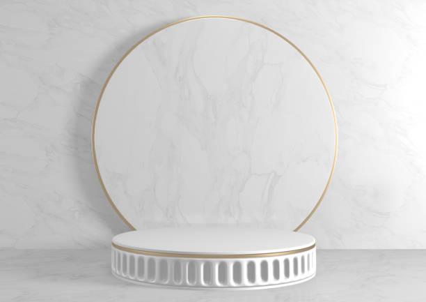 istock 3d rendering. Modern minimalistic mock up gold podium abstract cylinder display. 1312120817