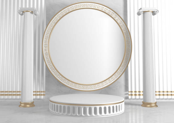 istock 3d rendering. Modern minimalistic mock up gold podium abstract cylinder display. 1312120839