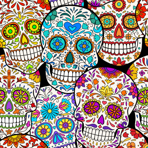 день мертвых красочный сахарный череп - pop art skull backgrounds pattern stock illustrations