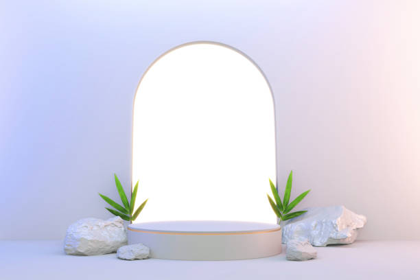 istock 3d rendering. Modern minimalistic mock up  white and gold podium abstract cylinder display. 1312122409