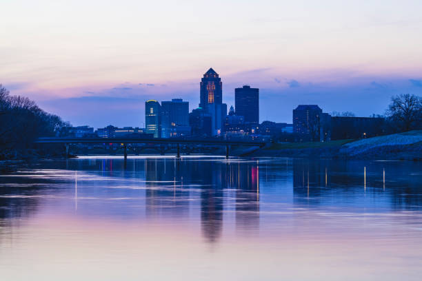Des Moines Skyline Reflected in the River stock photo