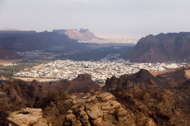 View towards Al Ula, an oasis in the middle of the mountainous landscape of Saudi Arabia stock photo