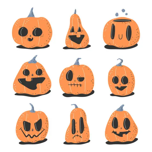 Vector illustration of Cute Halloween pumpkins faces vector cartoon set isolated on a white background.