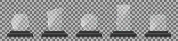 Vector illustration of Trophy of glass award. Plexi glass award. Plate of acrylic trophy. Stand of crystal for prize of winner. Mockup of realistic of plexiglass for cup of champion. Acrilic badge for win. Vector