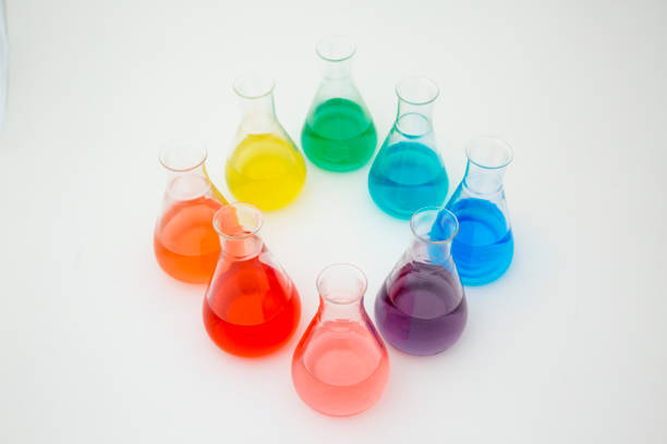 Scientific laboratory flask filled with colorful liquid forming rainbow on white background.