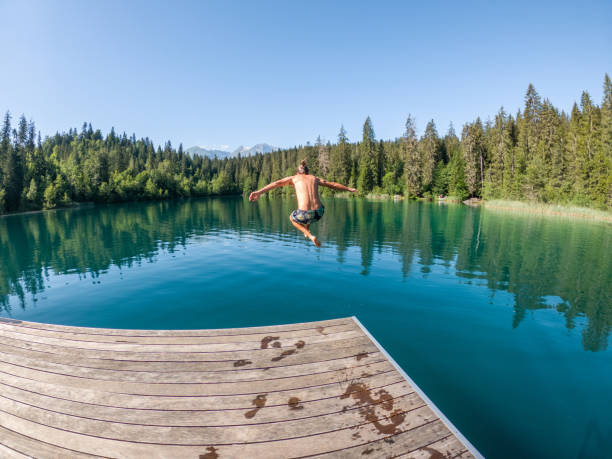 Peaceful lakeside pier with a metal ladder extending into calm water under a partly cloudy sky. Surrounded by lush green forest, the scene captures a tranquil summer morning in nature.