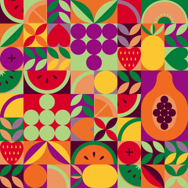 Vintage retro fruit abstract vector seamless pattern. Vintage retro fruit vector seamless pattern. Abstract geometric shape ornament with leaves, fruits and berries. Modern stylish background for home and textile print, tile, wallpaper and wrapping fruit designs stock illustrations