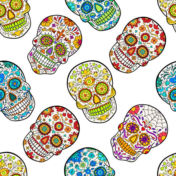 день мертвых красочный сахарный череп - pop art skull backgrounds pattern stock illustrations