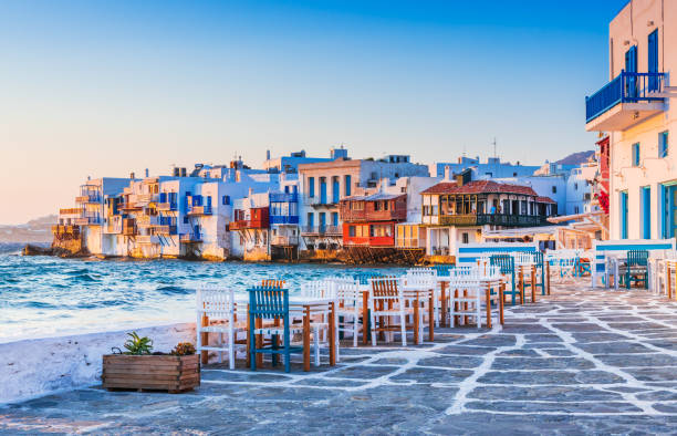 Mykonos, Greece. Mykonos, Greece. Waterfront in Little Venice, Mykonos at sunset. cyclades islands stock pictures, royalty-free photos & images
