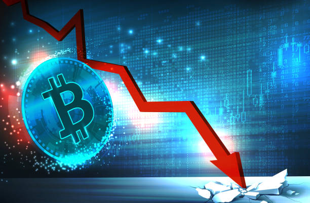 Bitcoin Price Fallchart Bitcoin price fallchart with crash down arrow. (Used clipping mask) bitcoin trading stock illustrations
