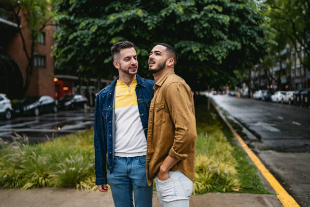 istock Gay couple embracing in park 1312127909