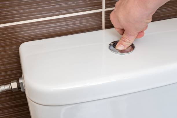 istock Hand of woman flush toilet after using 1312128302