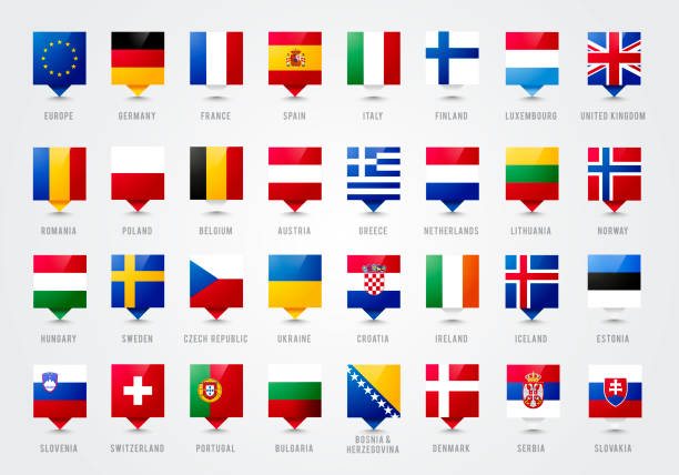 ilustracja wektorowa kraje europejskie etykietka narzędzia. wskaźnik z flagą europy - flag national flag greek flag greece stock illustrations