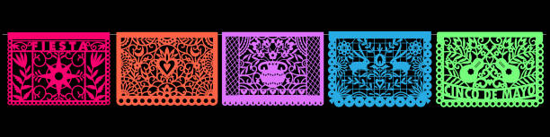 ilustrações de stock, clip art, desenhos animados e ícones de colorful mexican perforated papel picado banner - clipping path wedding invitation invitation message