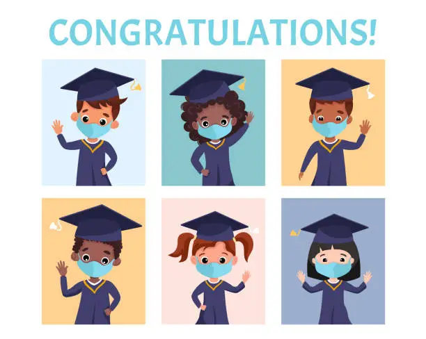 Vector illustration of Happy graduated children wearing medical masks, academic gown and cap. Multicultural kids celebrating Kindergarten graduation together.