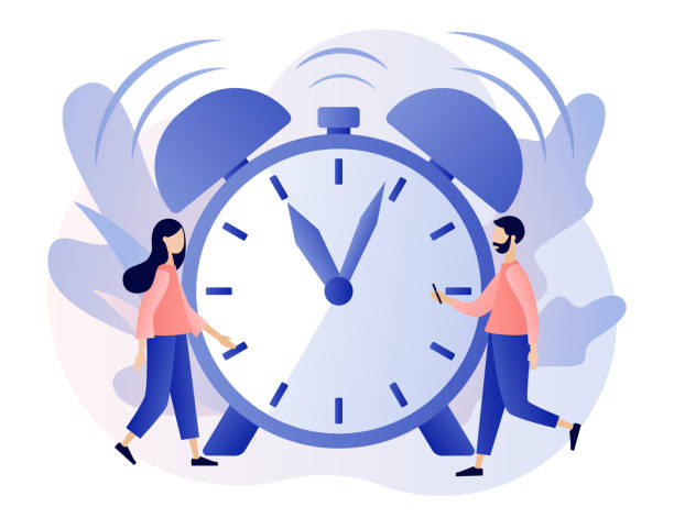 istock Alarm clock rings. Tiny people wake up in morning. Wake up. Good morning concept. Beginning of new day. Modern flat cartoon style. Vector illustration on white background 1312133512