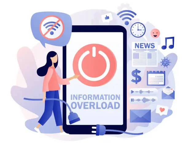 Vector illustration of Information detox. Information overload. Tiny girl protecting themselves from flow of information and news turning off smartphone. Digital detox. Modern flat cartoon style. Vector illustration