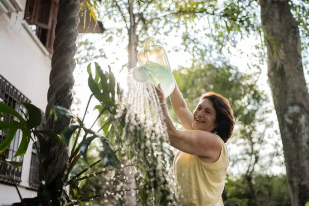 Photo of Senior woman watering plants at home