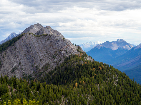 elevated point of view in the mountains with white clouds and  a rocky peak with a forest down in the valley