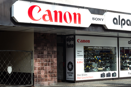 Neuwied, Germany - March 16, 2021: facade of the local shop for cameras and lenses, especially for Canon and Sony