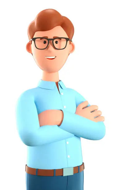 3D illustration of cute cartoon man with eyeglasses in blue shirt with arms crossed. Close up portrait of smiling confident businessman, isolated on white background.