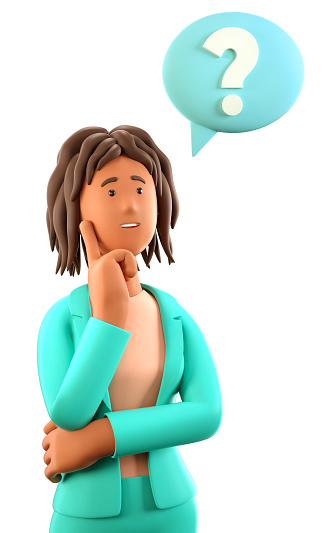 3D illustration of thinking african american woman looking at question mark in speech bubble. Cute cartoon pensive businesswoman solving problems, feeling doubt or hesitation.