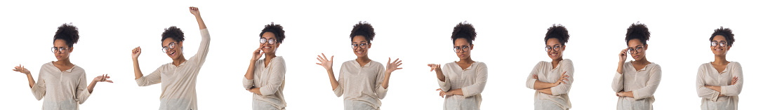 Set of portraits of smiling african student business woman in glasses isolated on white background