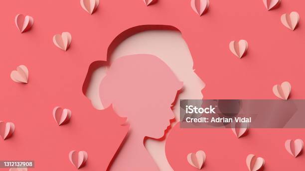 Child Inside Mom Silhouette And Some Hearts In Papercut Style Happy Mothers Day Elegant Greeting Card Background In 3d Rendering Stock Photo - Download Image Now