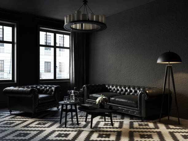 istock Black interior with chester sofa and armchair, carpet, coffee table and decor. 3d render illustration mock up. 1312138057