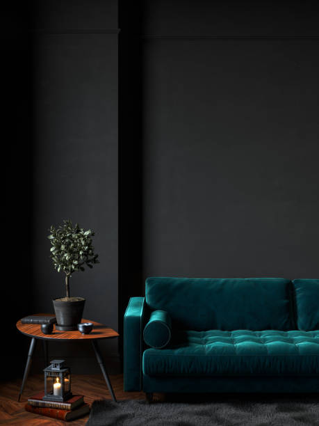 istock Black interior with green velour sofa, table, fur carpet and decor. 3d render illustration mock up. 1312138794