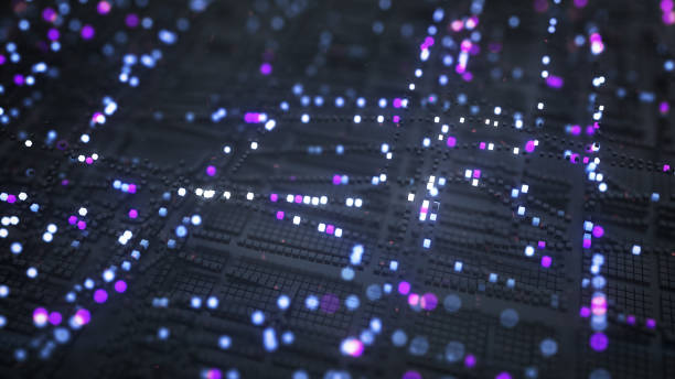 istock Futuristic matrix of blue and purple glowing cubes 3D render 1312139213