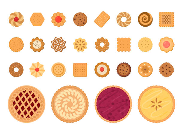 ilustrações, clipart, desenhos animados e ícones de um conjunto de tortas de frutas e biscoitos. isolado em fundo branco. - cracker cookie snack dessert