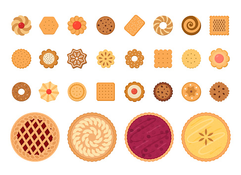 Set of fruit pies and cookies. Isolated on white background. Vector illustration.