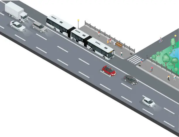 Vector illustration of Biarticulatebus of the city of São Paulo, avenue with corridor for bus, car and truck, sidewalk for pedestrians next to the ecological park