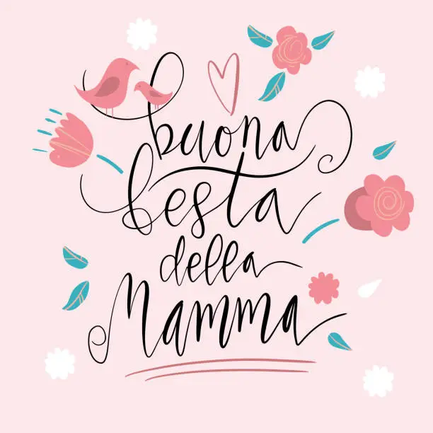 Vector illustration of Handwritten vector lettering Buona Festa Della Mamma Happy Mother's day in Italian with birds ornament isolated on white.
